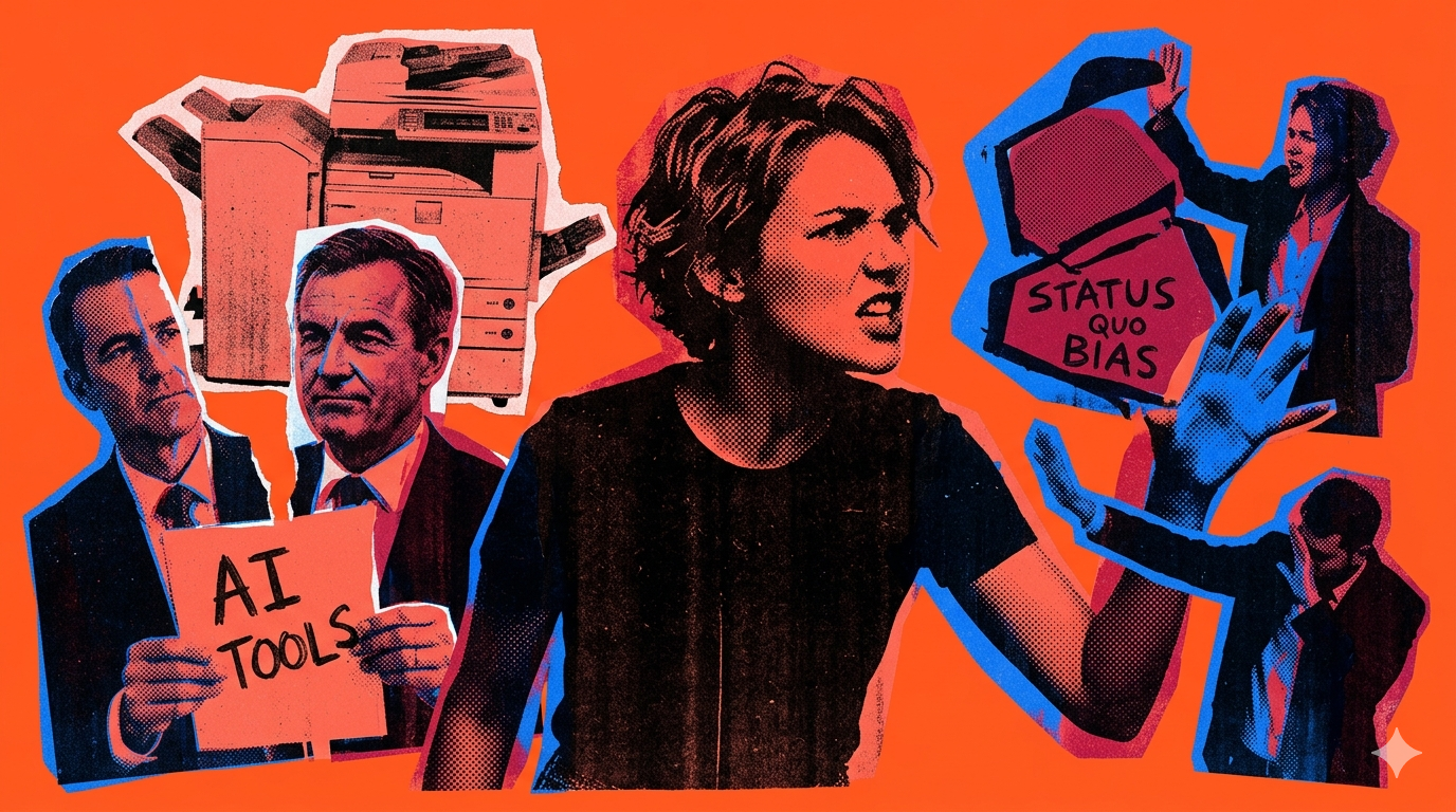 Collage von Führungskräften mit einem KI-Tools-Schild neben einem alten Kopierer, während eine frustrierte Mitarbeiterin sich gegen einen Status-quo-Bias-Kasten wehrt — Illustration, warum KI-Adoption scheitert, wenn Unternehmen bei der Technologie statt beim Verhalten ansetzen