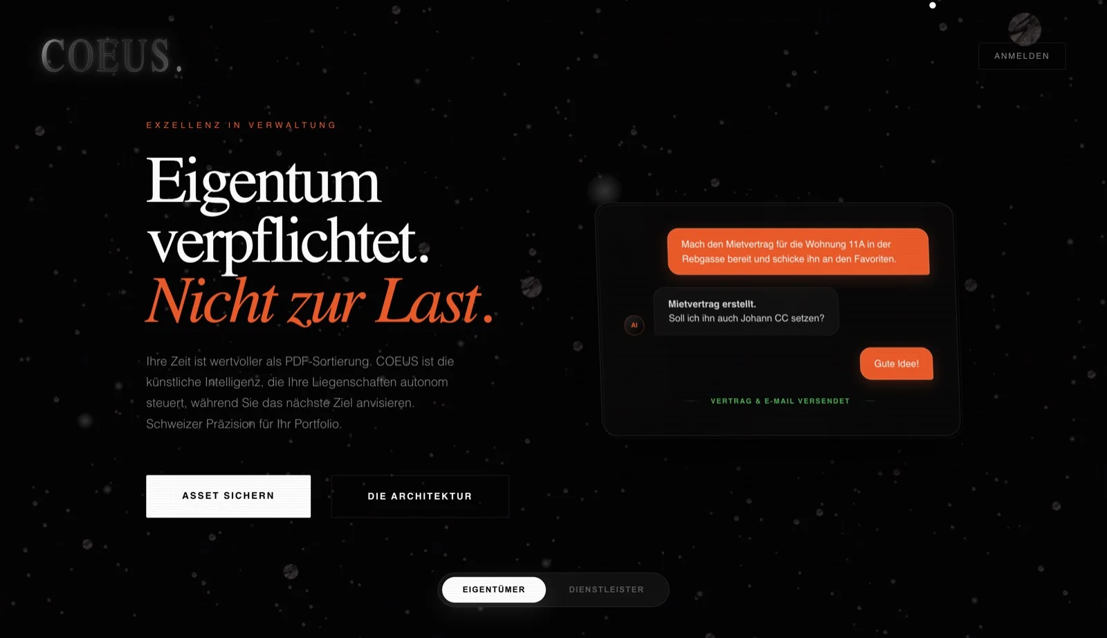 COEUS Landing-Banner fuer ein Schweizer Immobilien-Betriebssystem