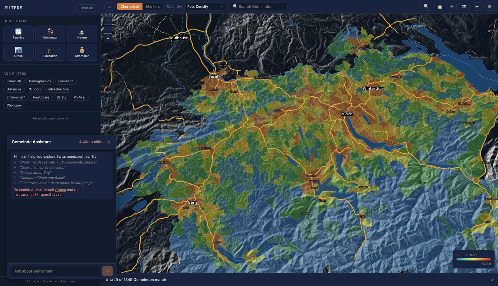 Considerations Wohnkontext-Karte mit Schweizer Layern, Filtern und Assistentenpanel