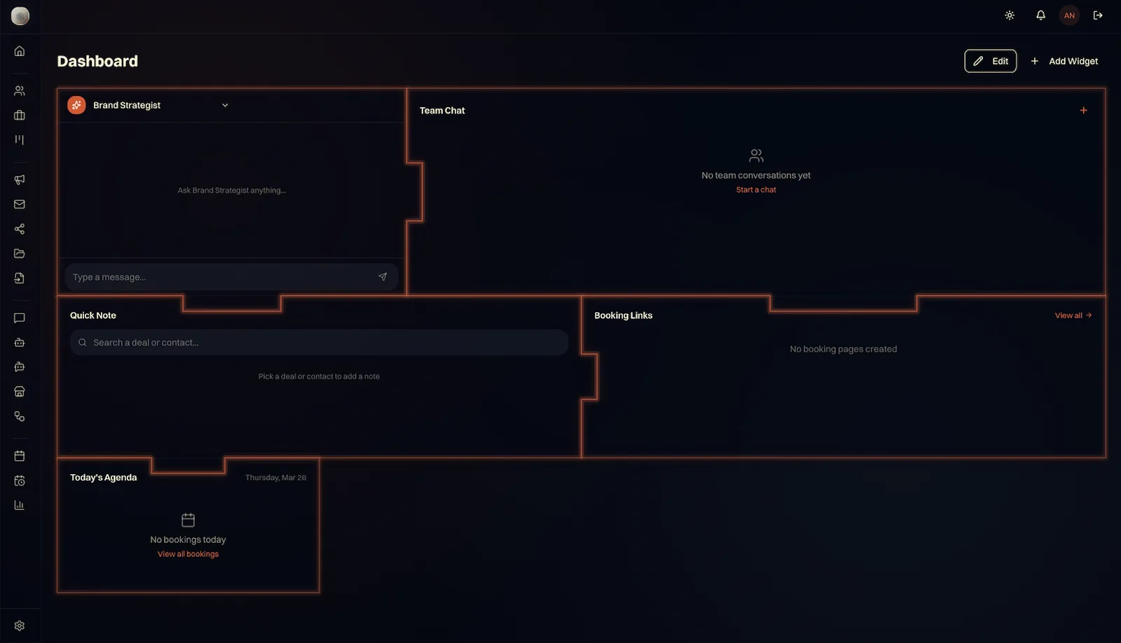 Sarama Homebase-Dashboard mit anpassbaren Widgets fuer Chats, Agenten, Buchungen und Workflows