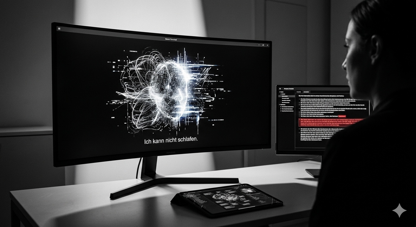KI-Therapeutin bearbeitet neuronales Netz auf gebogenem Monitor: Essay zu reguliertem KI-Gedächtnis und der Ethik, eine lernende Maschine zu formen